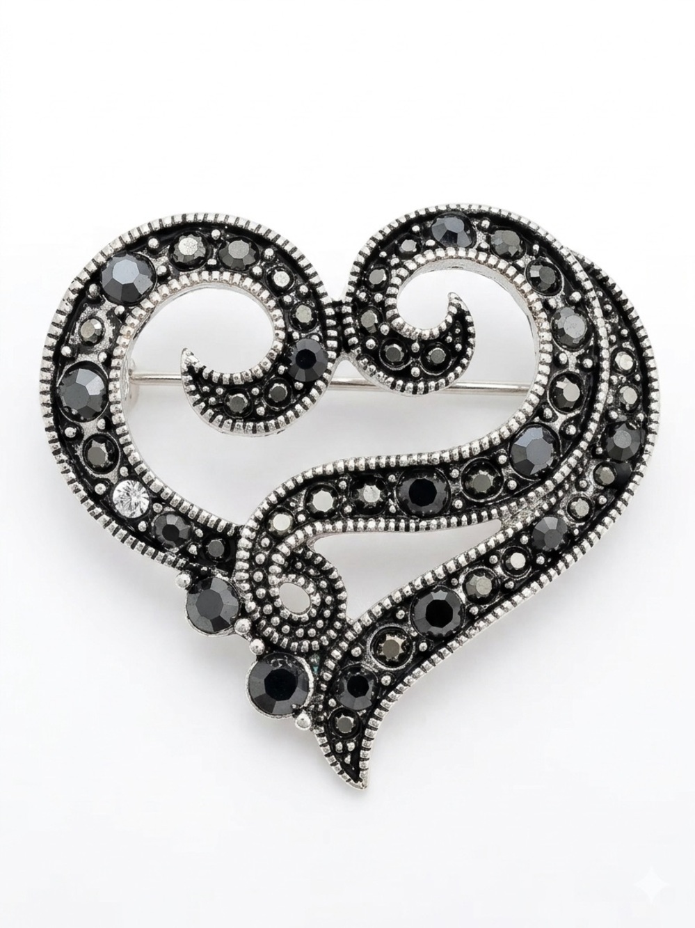 Vintage Marcasite Faux Women's Black Crystal Heart Brooch Pin